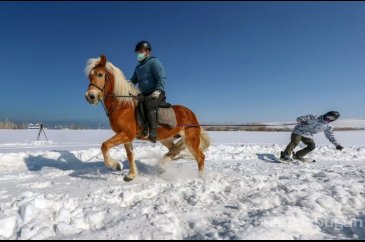 Van'da sporcular karda "atlı snowboard" yaptı
