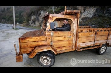 Trabzonlu inşaat ustası hurda malzemelerle ahşap kamyonet yaptı
