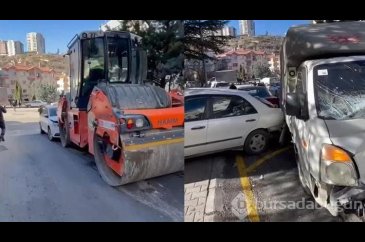 Yokuşta kayan yol silindiri, 7 araca çarptı
