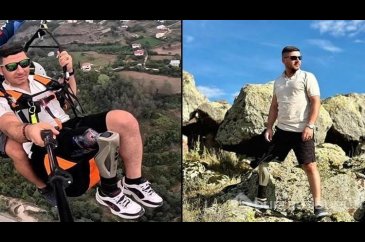 Protez bacaklı gazi yamaç paraşütü yapıyor, zeybek oynuyor