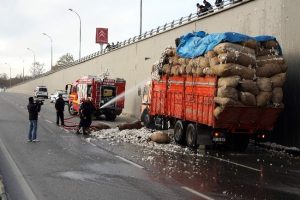 Pamuk yüklü kamyonda çıkan yangın söndürüldü