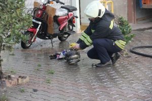 Alev alan piknik tüpünü 3. kattan attı