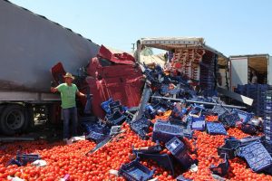 Domates yüklü tır karpuz yüklü tıra çarptı