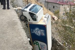Yoldan çıkan kamyonet amuda kalktı