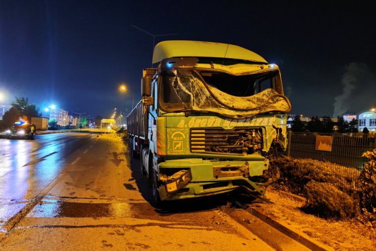 Bursa'da demir profil yüklü TIR aydınlatma direklerini devirdi
