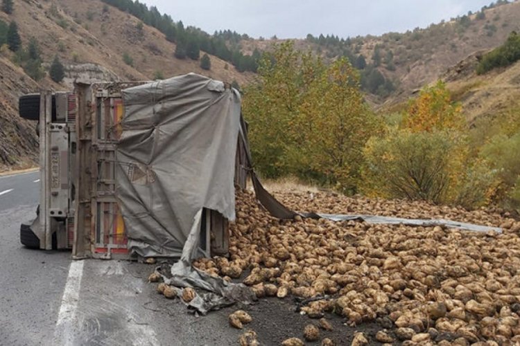 Elazığ'da pancar yüklü tır devrildi