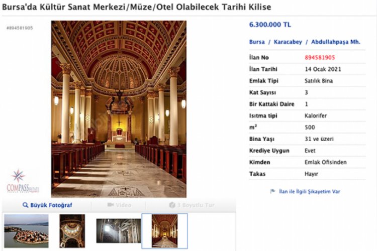Bursa'da tarihi kilise satışa çıkarıldı! Fiyatı 6 milyon 300 bin lira