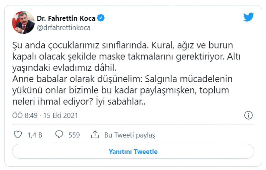 Bakan Fahrettin Koca'dan çocuklar için maske uyarısı - Bursada Bugün -  Bursa bursa haber bursa haberi bursa haberleri Bursa