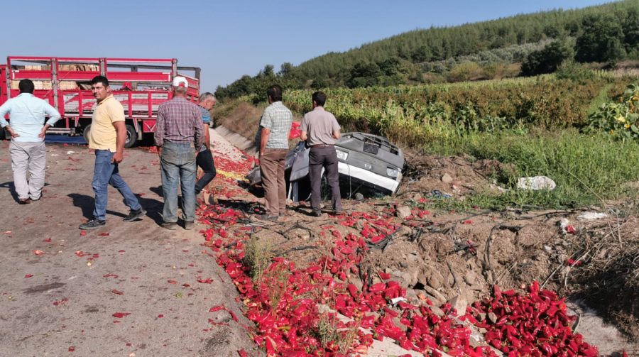 Bursa�da kamyon ile çarpıştı, biberler yola saçıldı Bursa