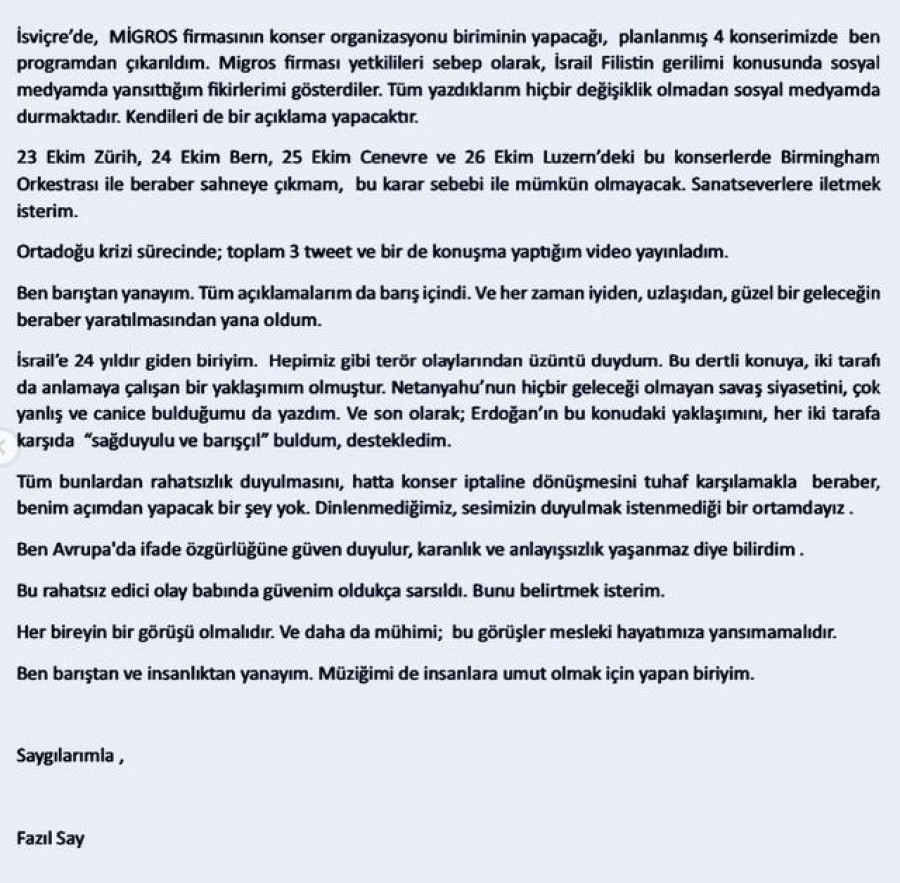 İsrail saldırılarını eleştiren Fazıl Say'ın İsviçre konserleri iptal edildi