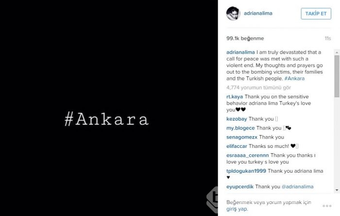 Adriana Lima'dan Ankara saldırısı paylaşımı