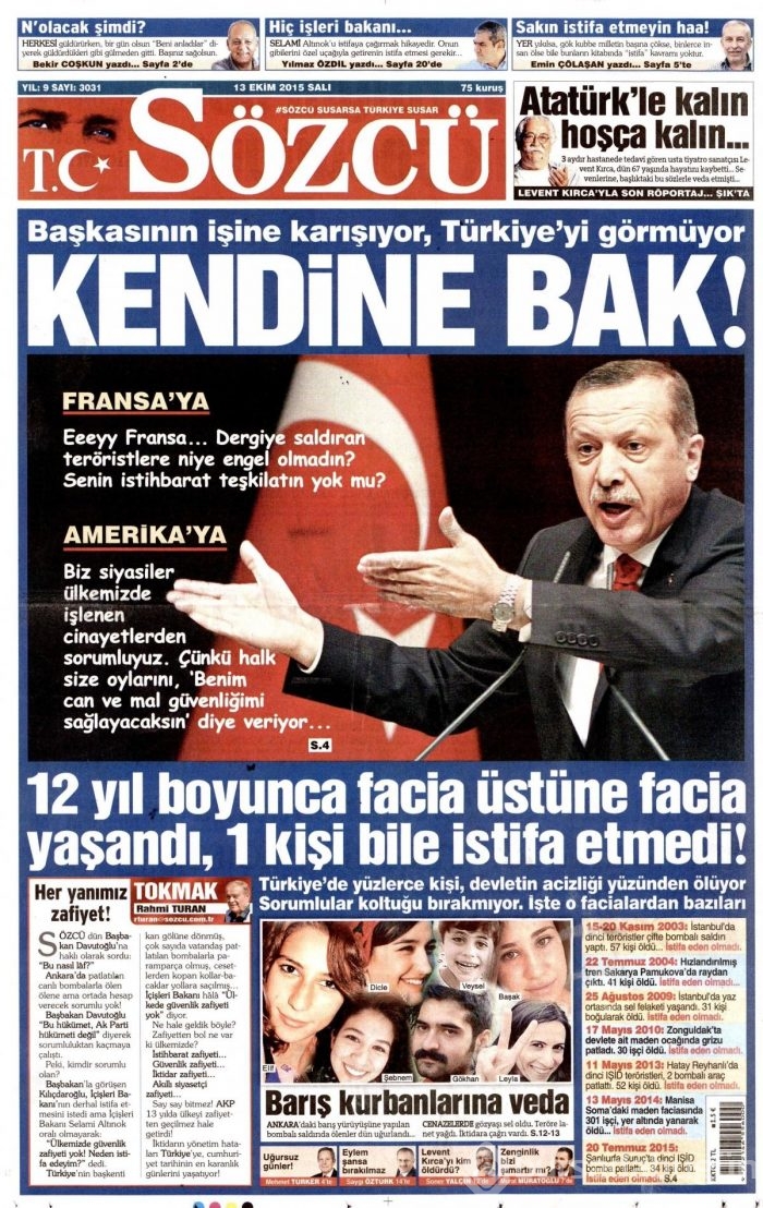 Gazete manşetleri (13 Ekim 2015)
