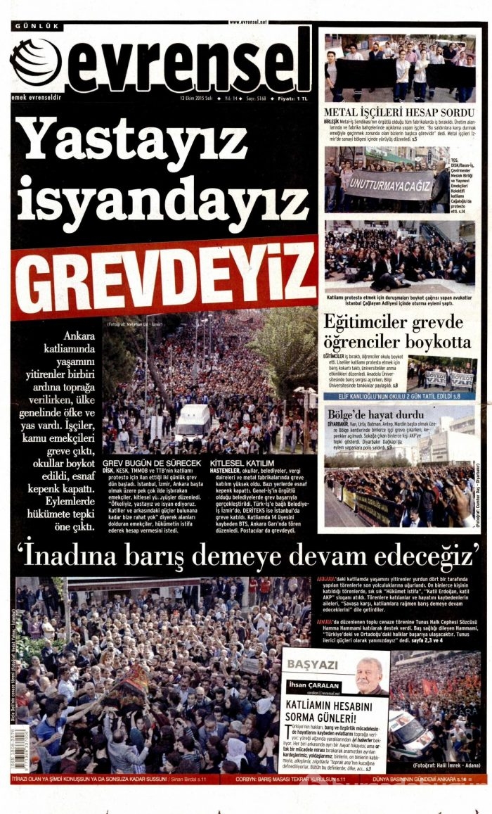 Gazete manşetleri (13 Ekim 2015)