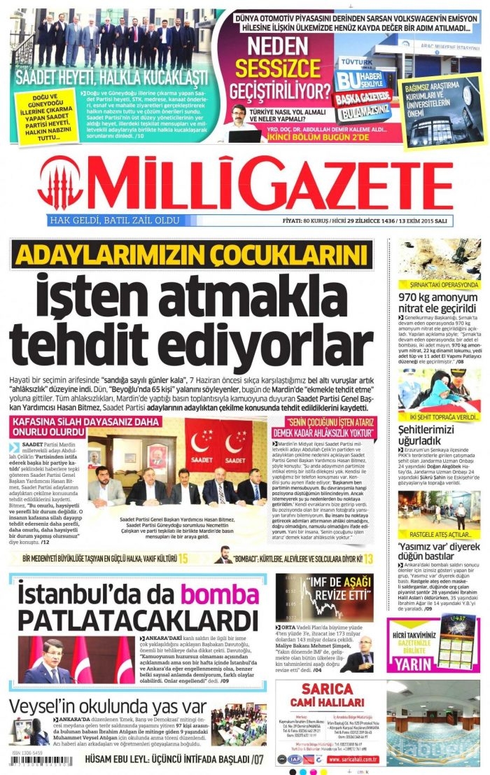 Gazete manşetleri (13 Ekim 2015)