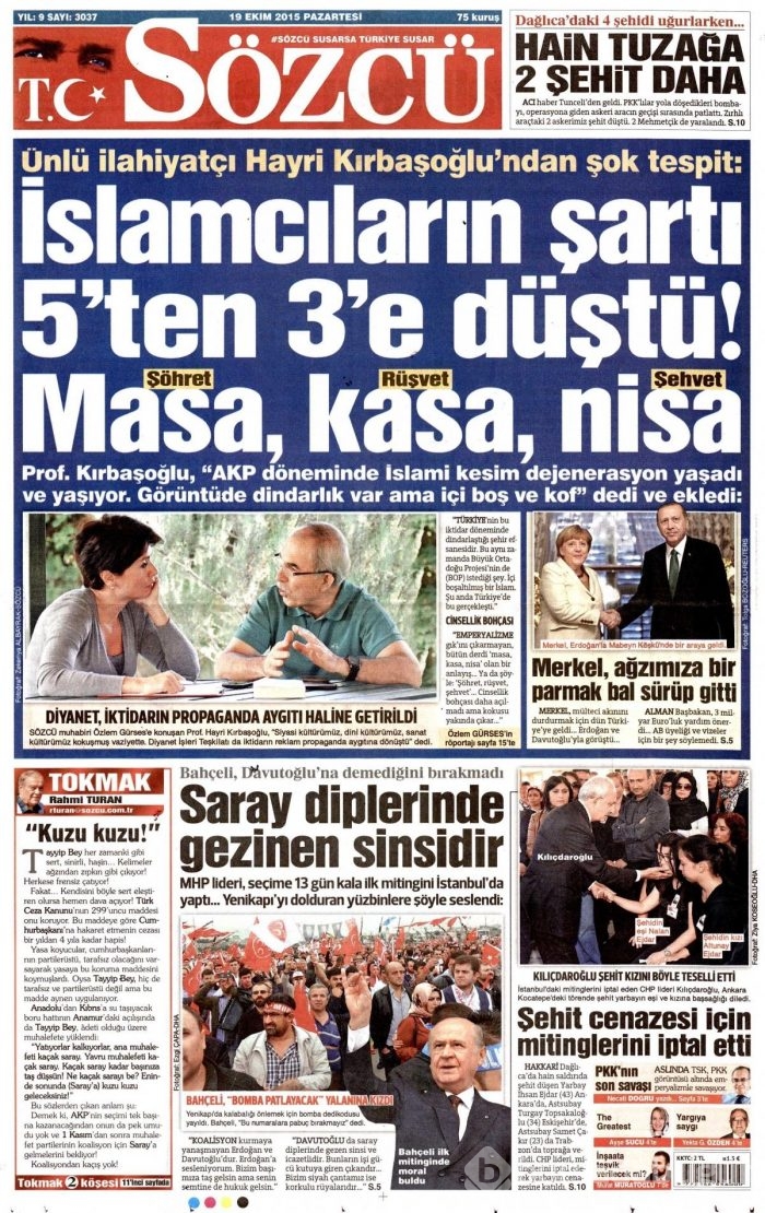 Gazete manşetleri (19 Ekim 2015)