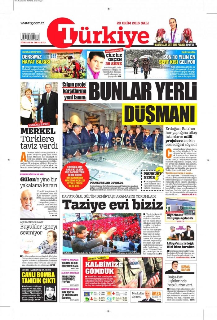 Gazete manşetleri (20 Ekim 2015)