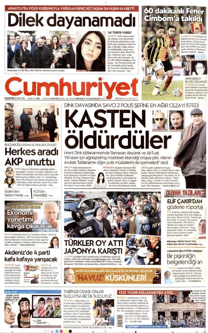 Günün gazete manşetleri (26 Ekim 2015)