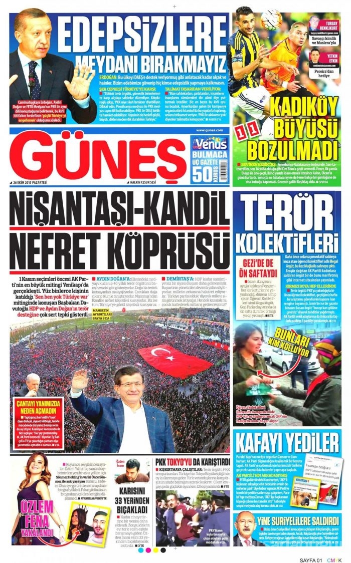Günün gazete manşetleri (26 Ekim 2015)