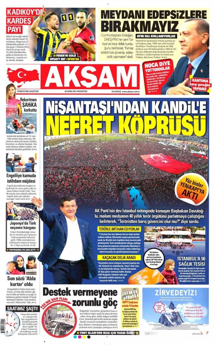 Günün gazete manşetleri (26 Ekim 2015)