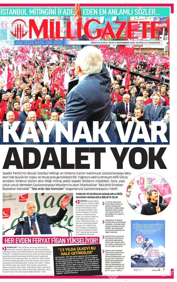 Günün gazete manşetleri (26 Ekim 2015)