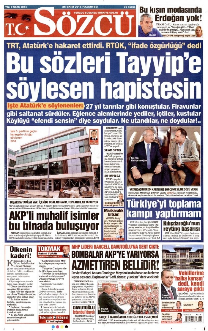 Günün gazete manşetleri (26 Ekim 2015)