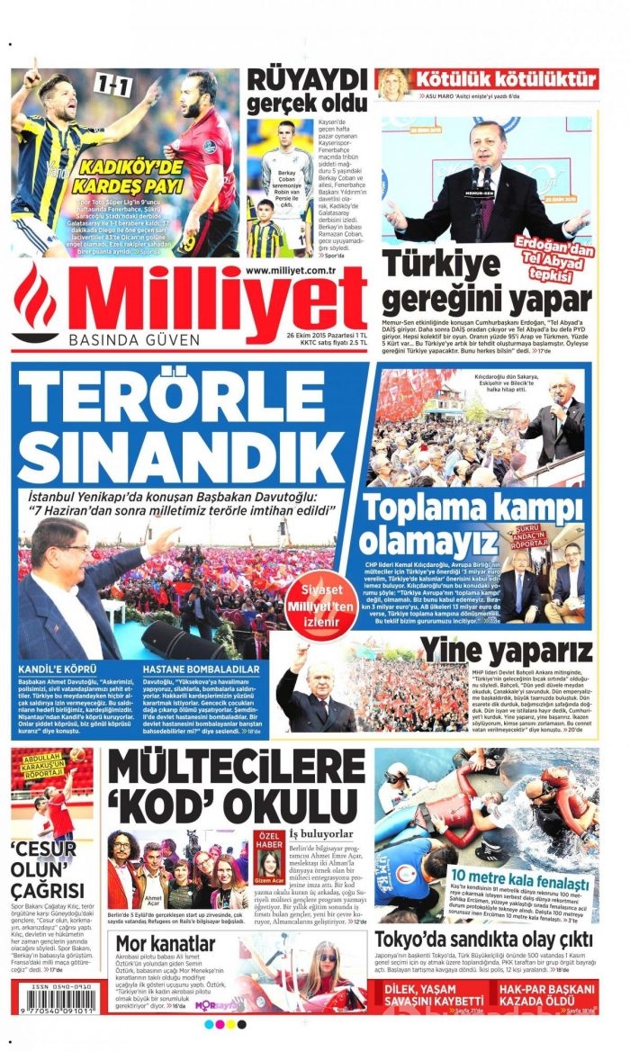 Günün gazete manşetleri (26 Ekim 2015)