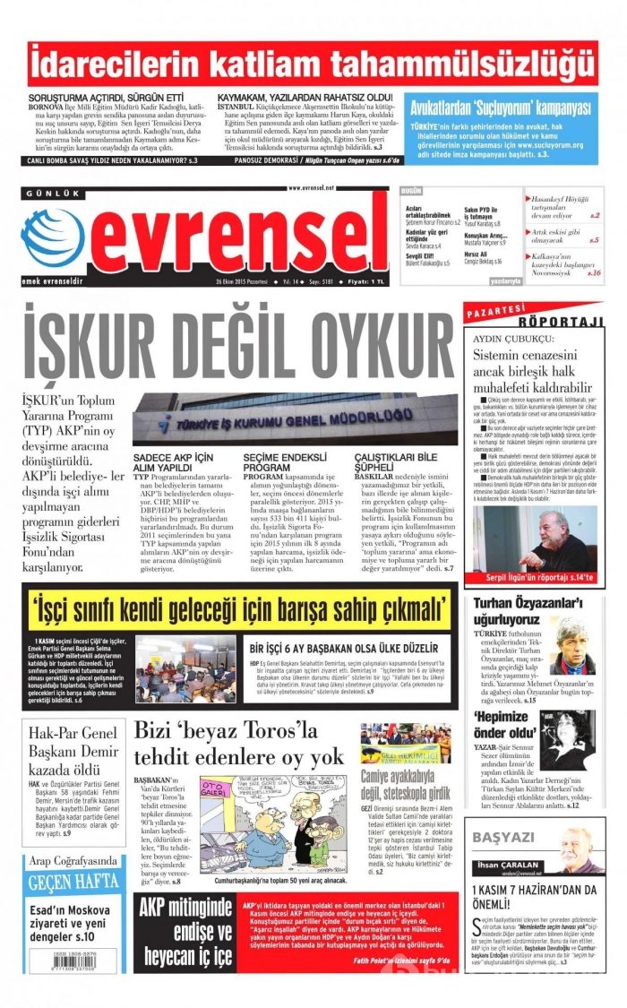 Günün gazete manşetleri (26 Ekim 2015)
