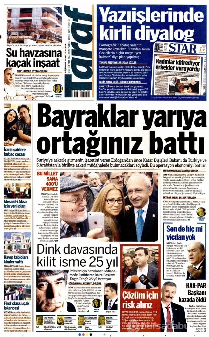 Günün gazete manşetleri (26 Ekim 2015)