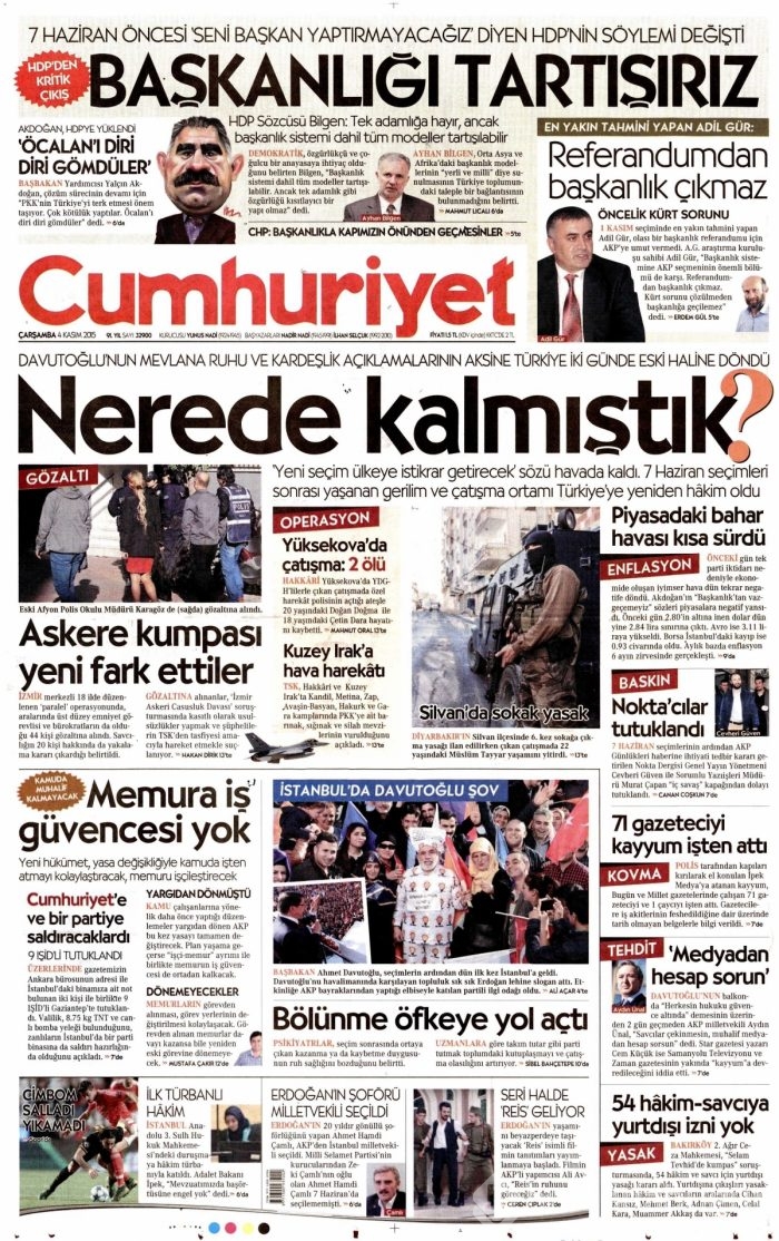 Gazete manşetleri (4 Kasım 2015)