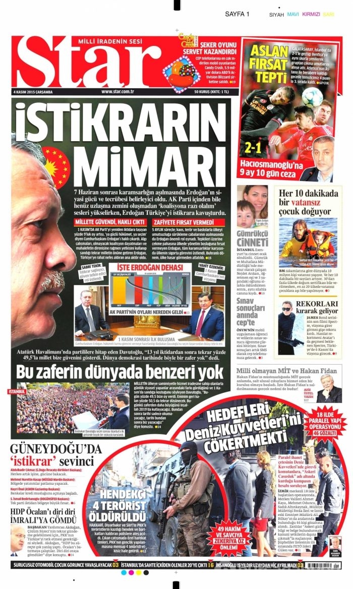 Gazete manşetleri (4 Kasım 2015)