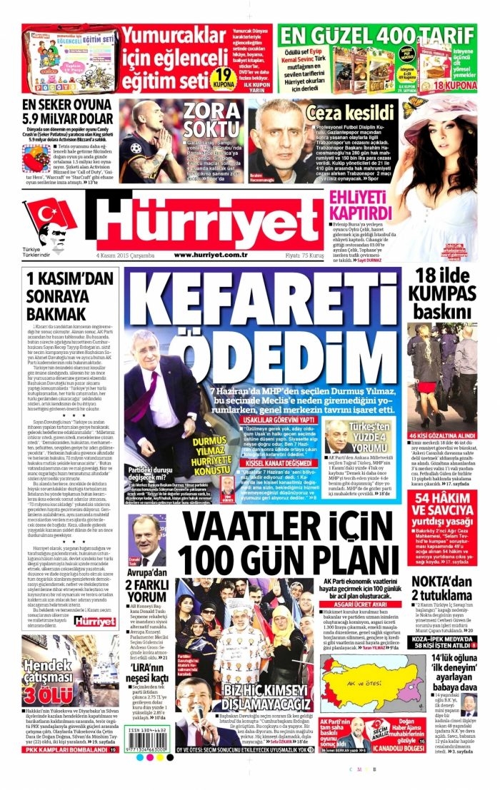 Gazete manşetleri (4 Kasım 2015)