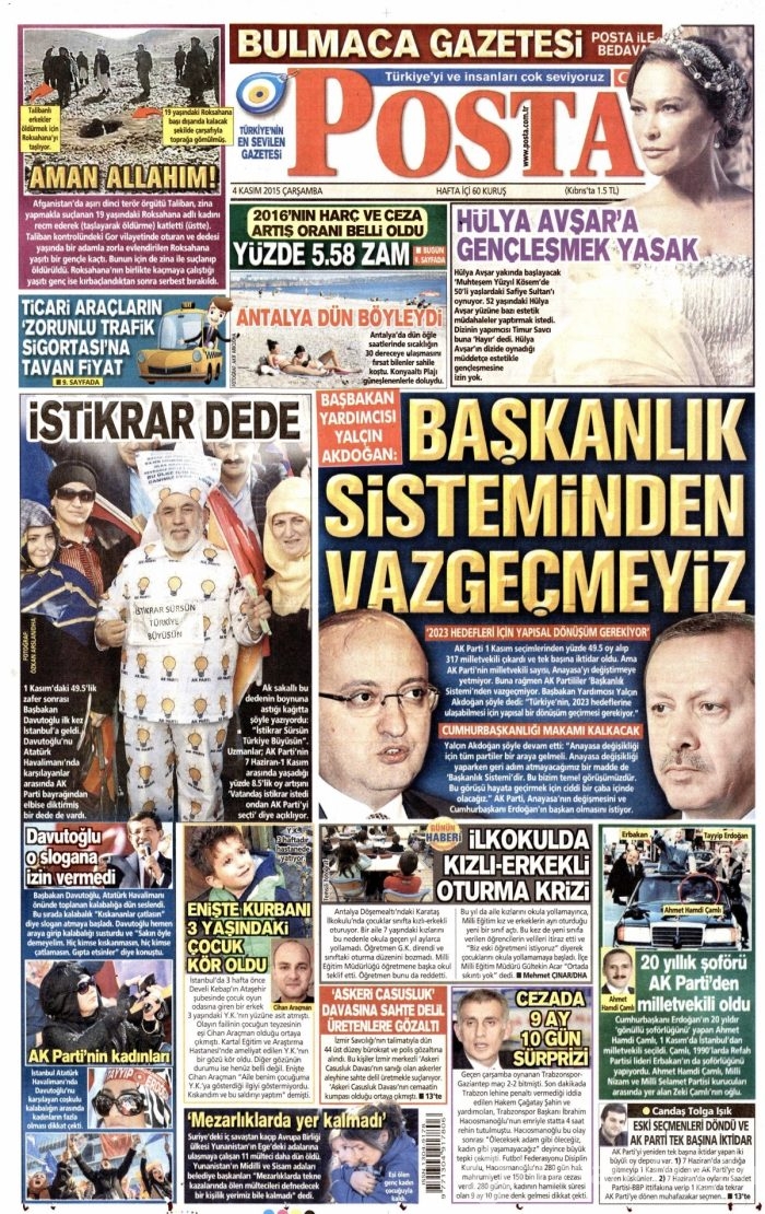 Gazete manşetleri (4 Kasım 2015)