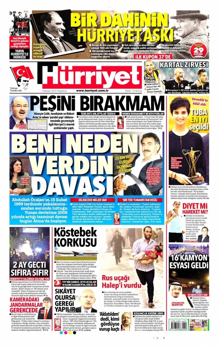 Günün gazete manşetleri (9 Kasım 2015)