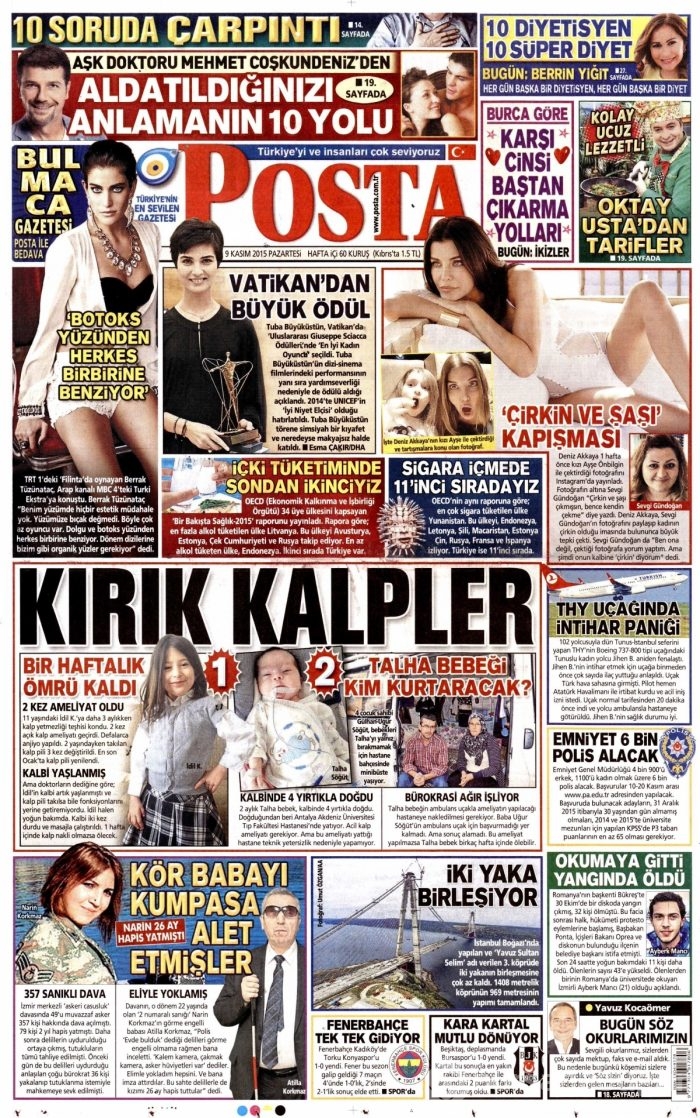 Günün gazete manşetleri (9 Kasım 2015)