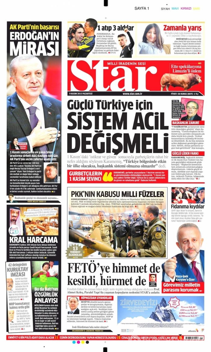 Günün gazete manşetleri (9 Kasım 2015)