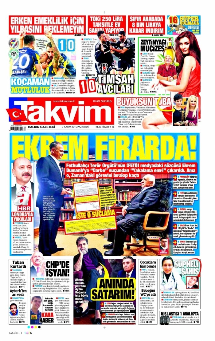 Günün gazete manşetleri (9 Kasım 2015)