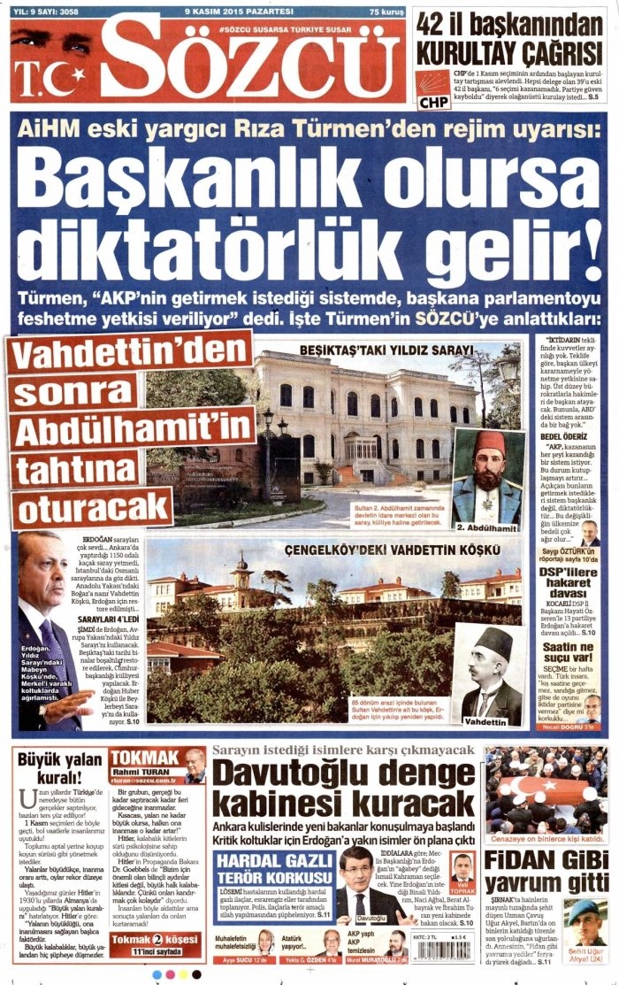 Günün gazete manşetleri (9 Kasım 2015)