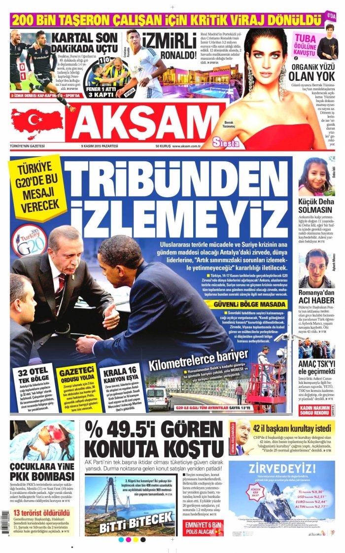 Günün gazete manşetleri (9 Kasım 2015)
