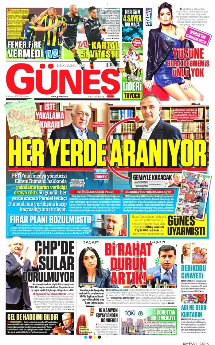 Günün gazete manşetleri (9 Kasım 2015)