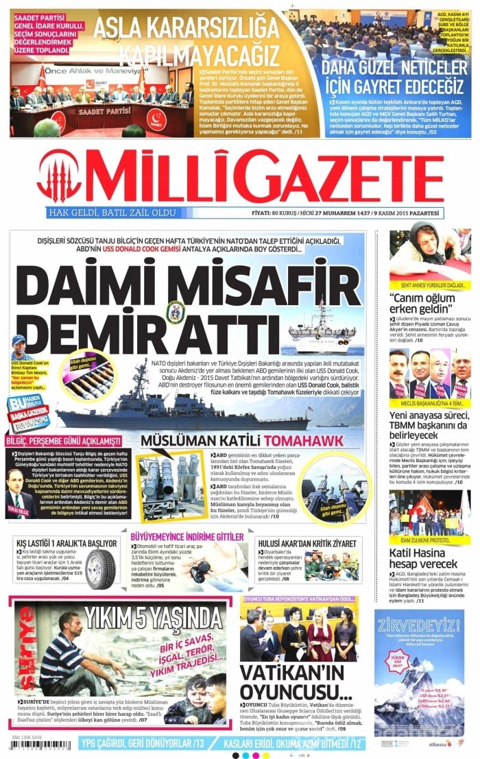 Günün gazete manşetleri (9 Kasım 2015)