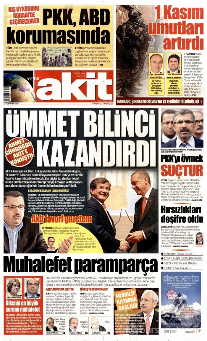 Günün gazete manşetleri (9 Kasım 2015)