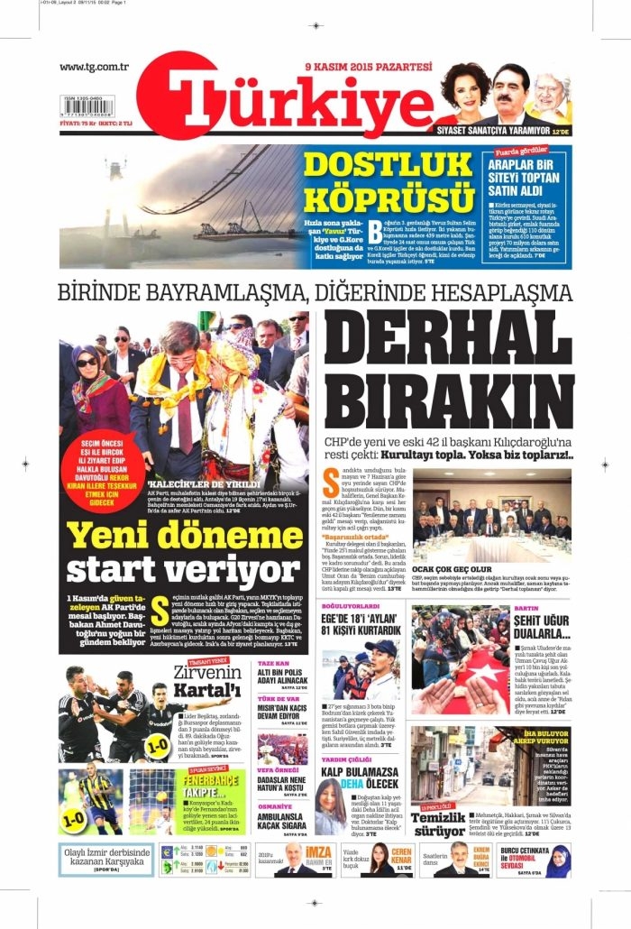 Günün gazete manşetleri (9 Kasım 2015)