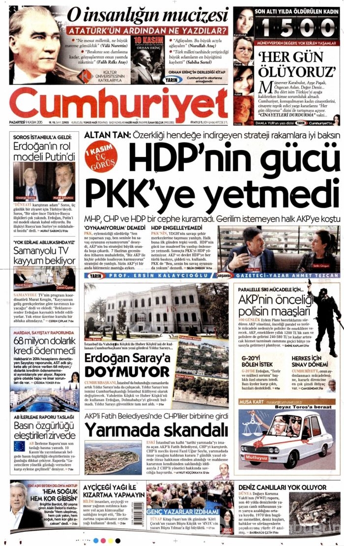 Günün gazete manşetleri (9 Kasım 2015)