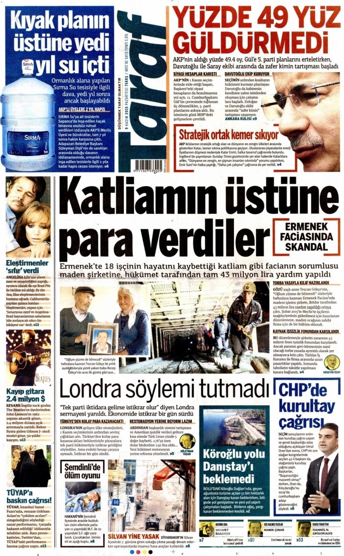 Günün gazete manşetleri (9 Kasım 2015)