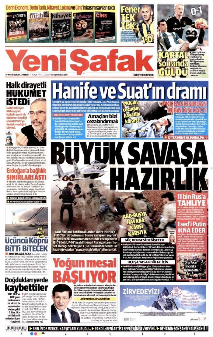 Günün gazete manşetleri (9 Kasım 2015)