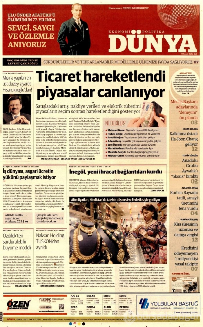 Günün gazete manşetleri (10 Kasım 2015)