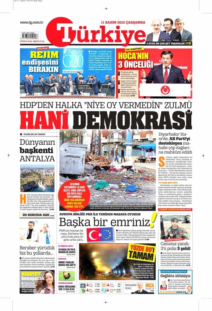 Günün gazete manşetleri (11 Kasım 2015)