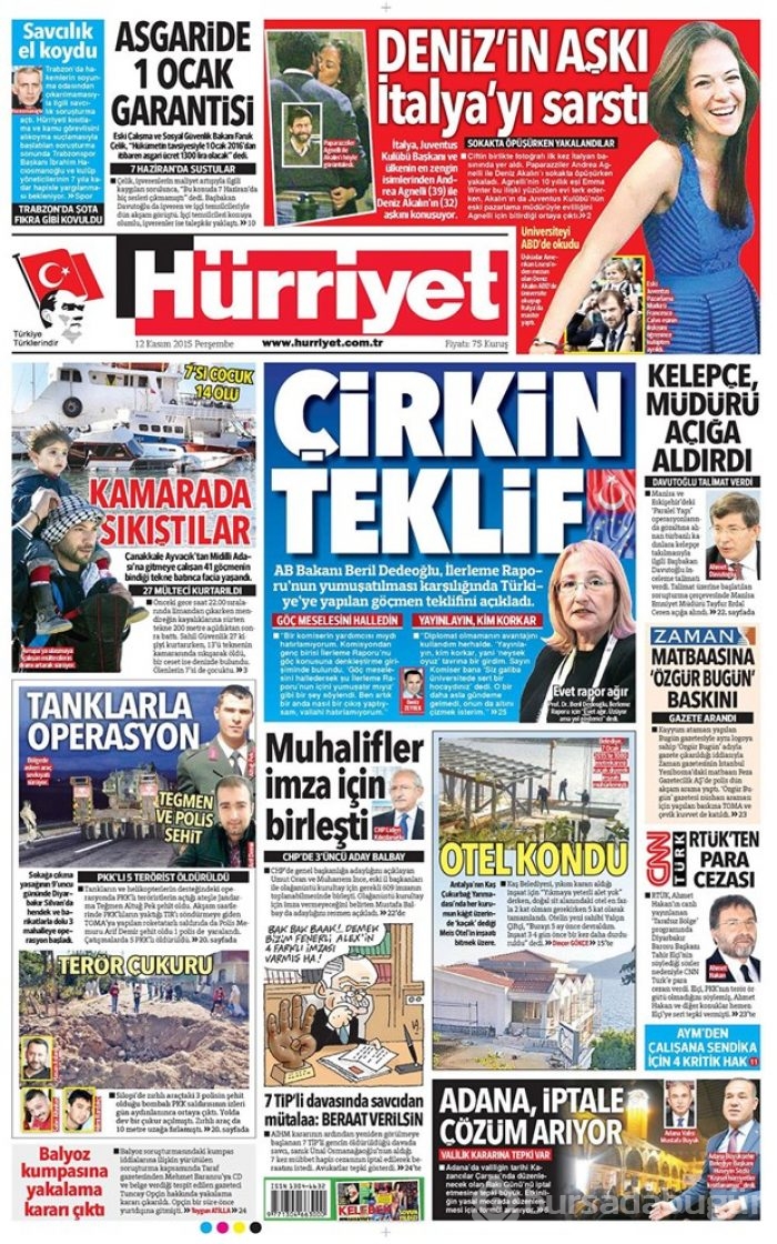 Günün gazete manşetleri 12 Kasım 2015
