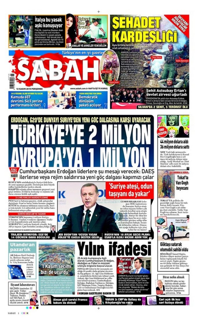 Günün gazete manşetleri 12 Kasım 2015