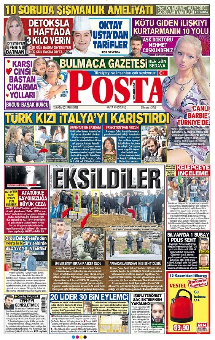 Günün gazete manşetleri 12 Kasım 2015